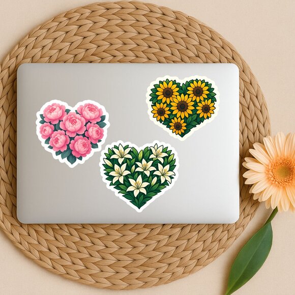 "13 Floral Heart Stickers – Mixed Set of Clear and Vinyl Stickers (3 Sheets)" - Picture 4 of 6
